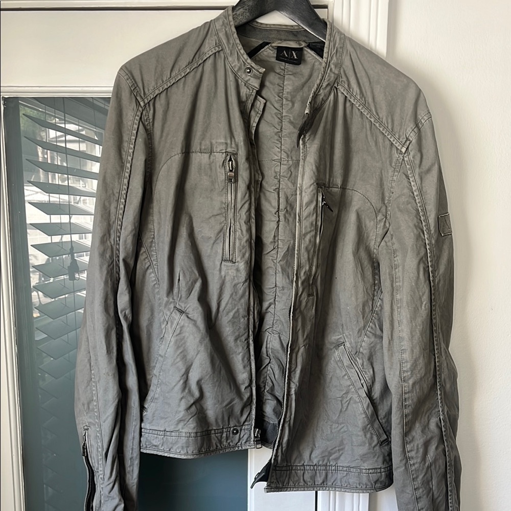 Armani Exchange Gray Lightweight Shirt Jacket with Stand-Up Collar